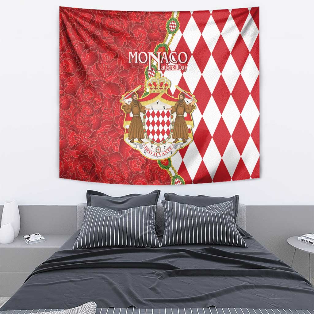 Monaco National Day Tapestry Coat Of Arms Mix Red Carnation Pattern - Wonder Print Shop