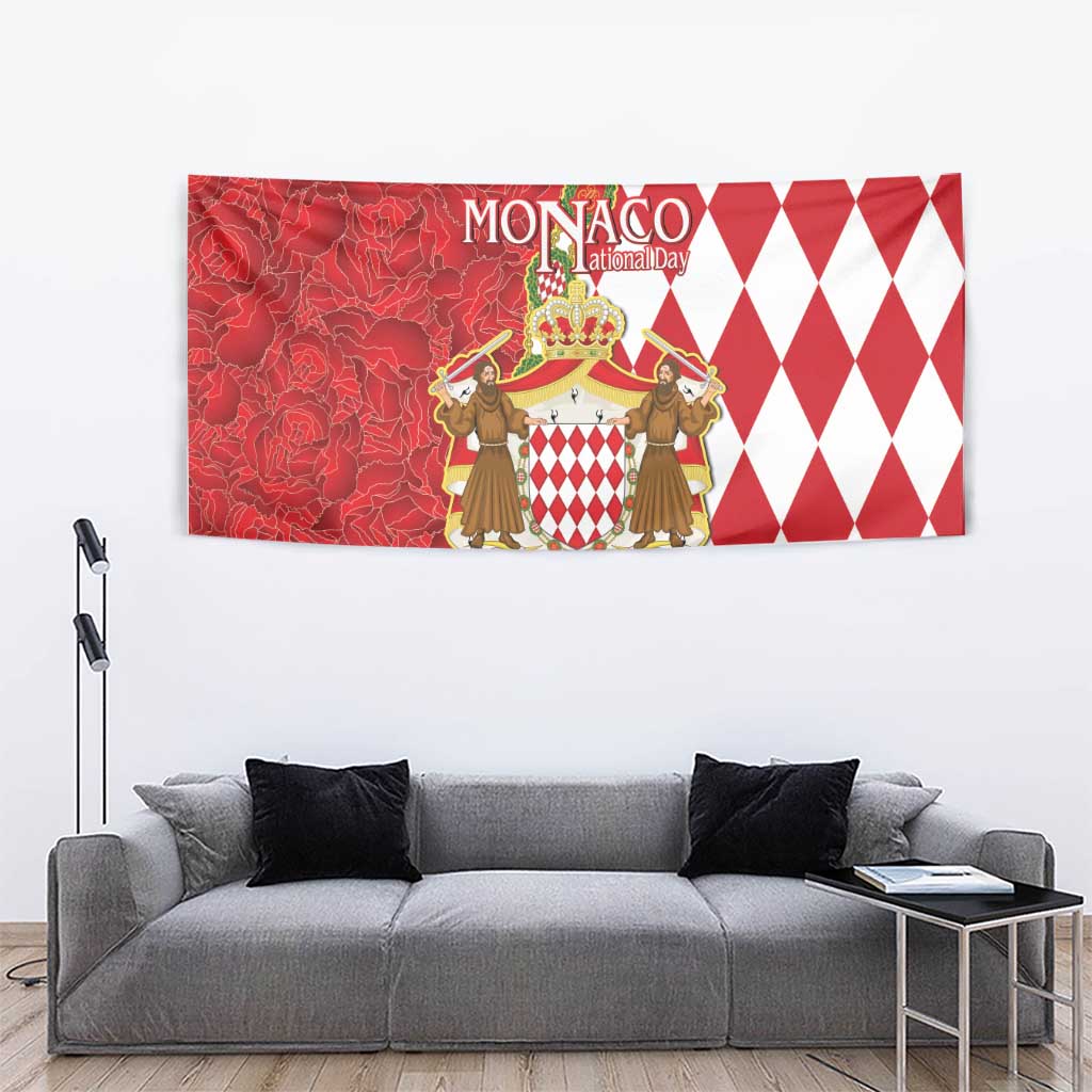 Monaco National Day Tapestry Coat Of Arms Mix Red Carnation Pattern - Wonder Print Shop