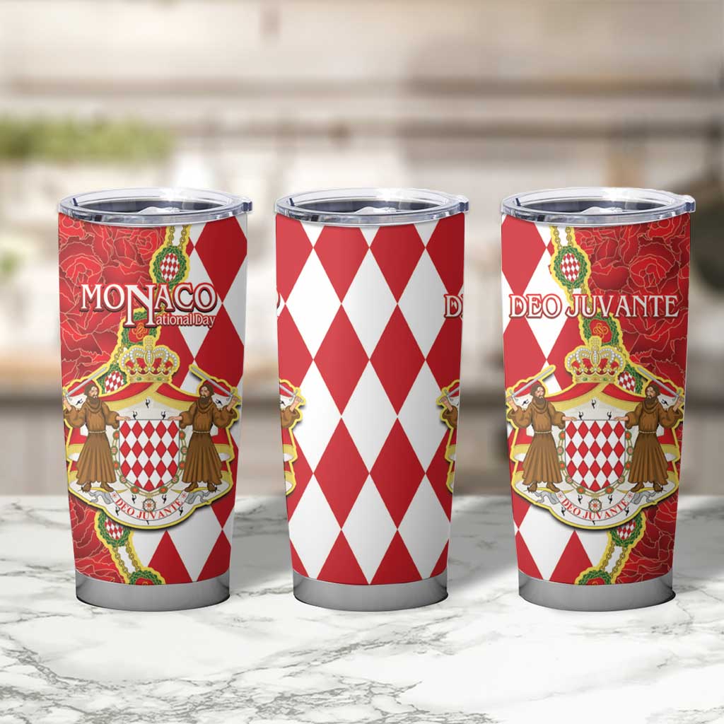 Monaco National Day Tumbler Cup Coat Of Arms Mix Red Carnation Pattern - Wonder Print Shop