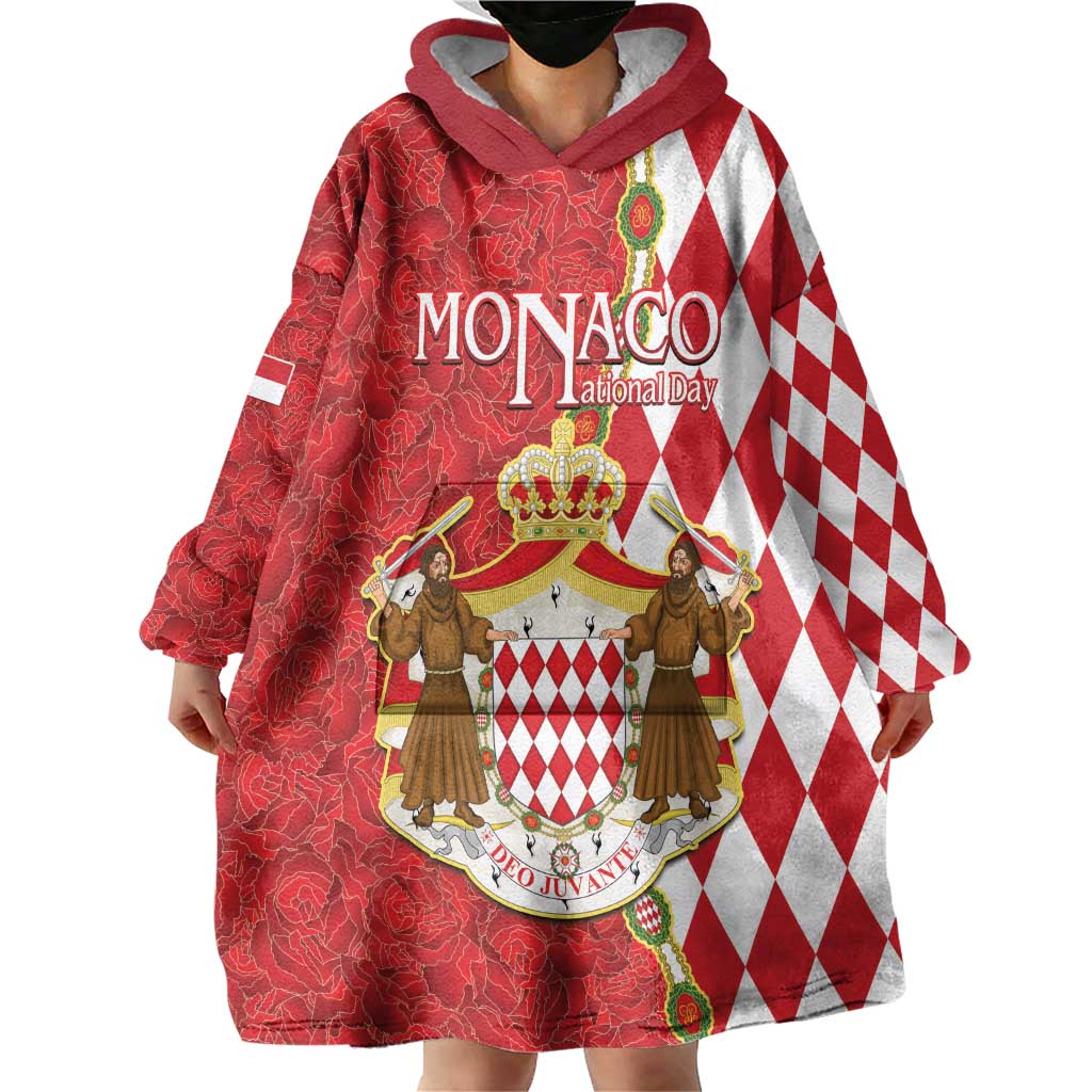 Monaco National Day Wearable Blanket Hoodie Coat Of Arms Mix Red Carnation Pattern - Wonder Print Shop