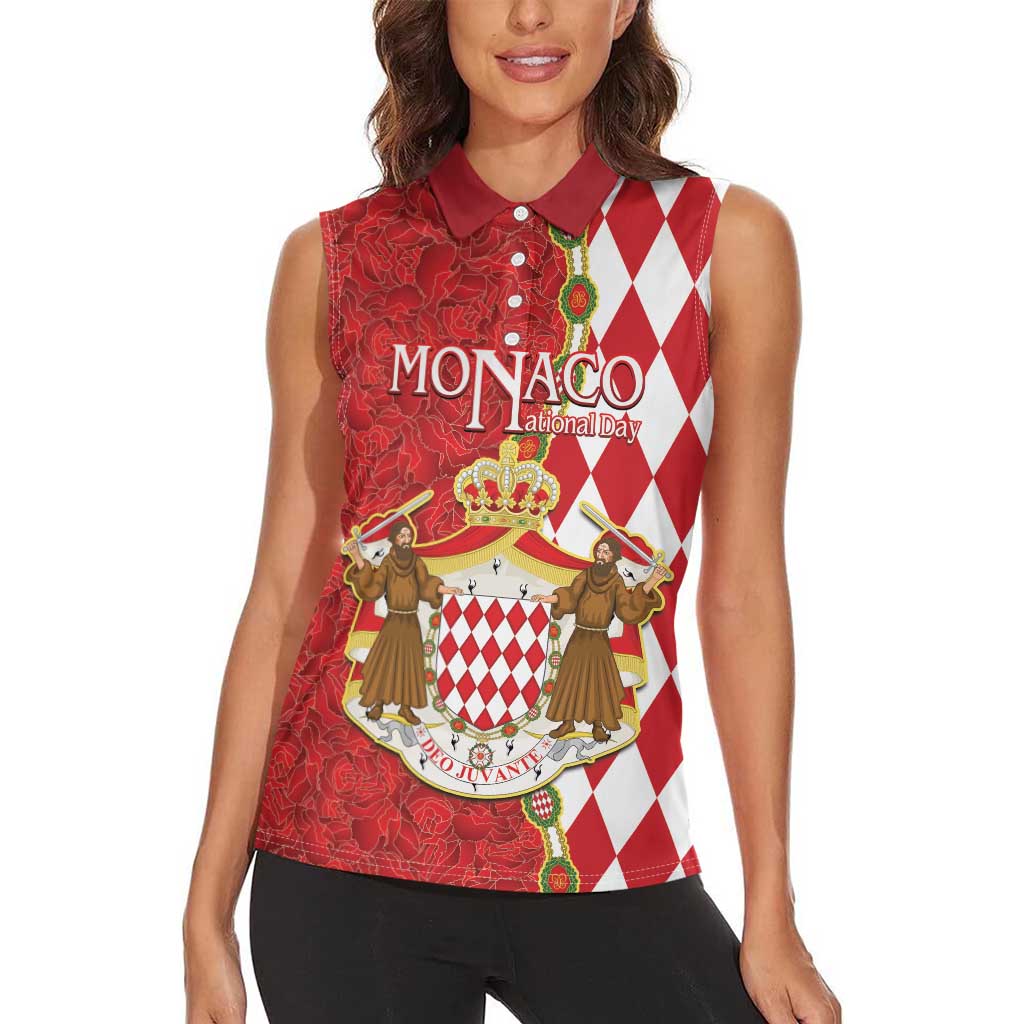 Monaco National Day Women Sleeveless Polo Shirt Coat Of Arms Mix Red Carnation Pattern - Wonder Print Shop