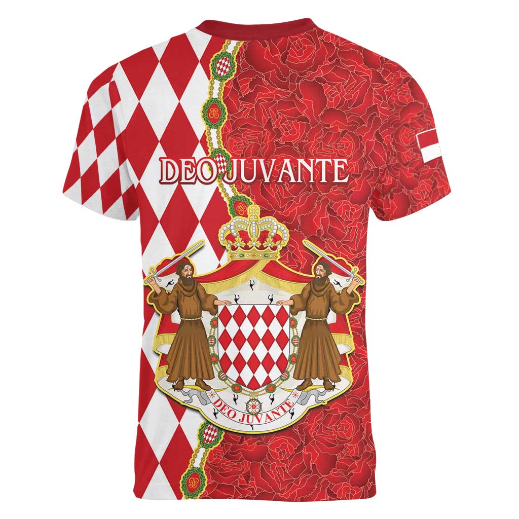 Monaco National Day Women V-Neck T-Shirt Coat Of Arms Mix Red Carnation Pattern - Wonder Print Shop