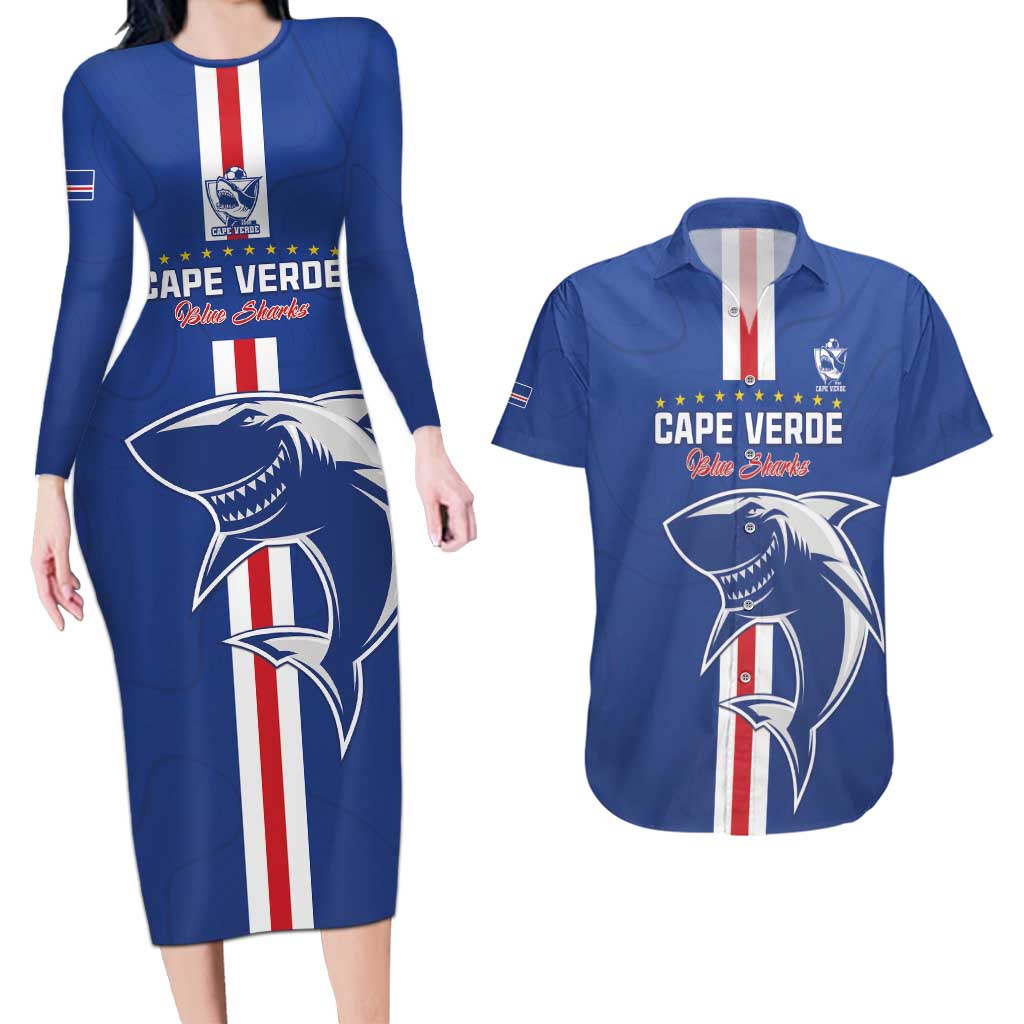 Custom Cape Verde Football Couples Matching Long Sleeve Bodycon Dress and Hawaiian Shirt Go Champions Blue Sharks - Wonder Print Shop
