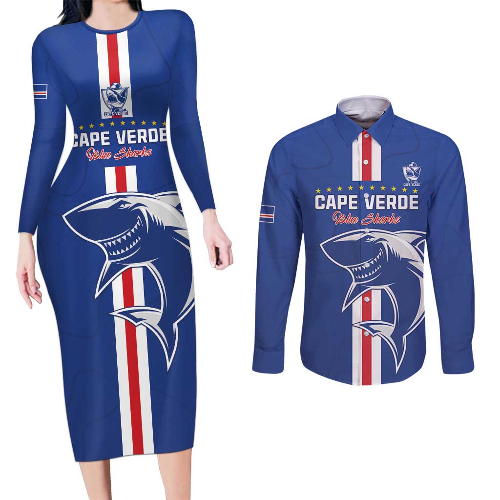 Custom Cape Verde Football Couples Matching Long Sleeve Bodycon Dress and Long Sleeve Button Shirt Go Champions Blue Sharks - Wonder Print Shop