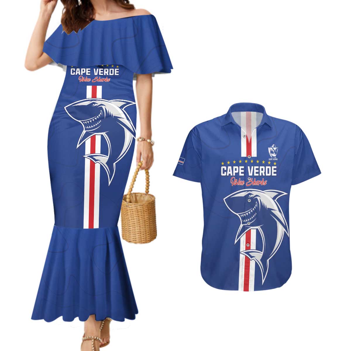 Custom Cape Verde Football Couples Matching Mermaid Dress and Hawaiian Shirt Go Champions Blue Sharks - Wonder Print Shop