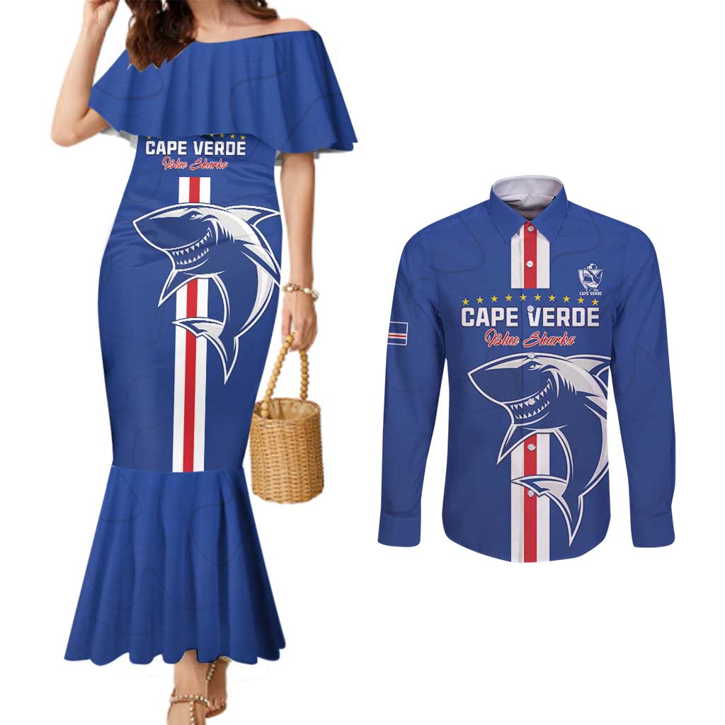 Custom Cape Verde Football Couples Matching Mermaid Dress and Long Sleeve Button Shirt Go Champions Blue Sharks - Wonder Print Shop