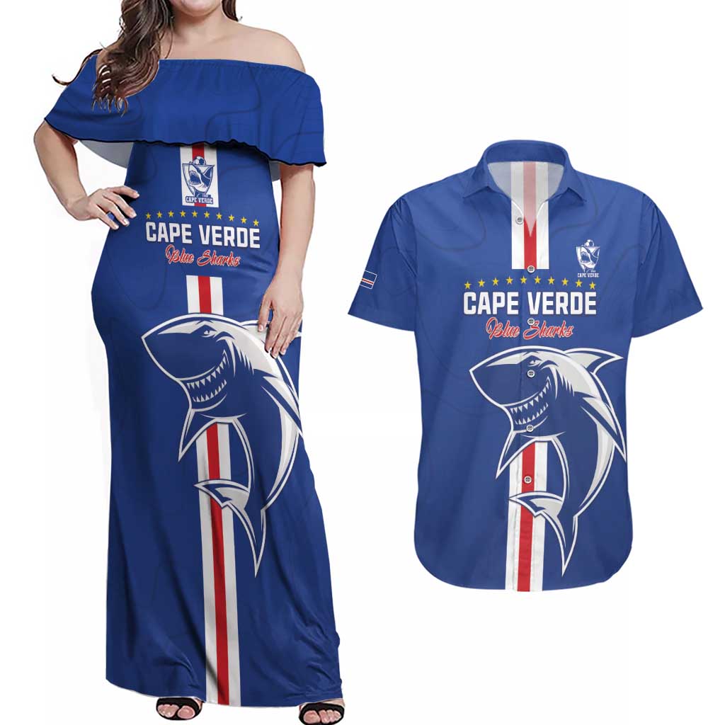 Custom Cape Verde Football Couples Matching Off Shoulder Maxi Dress and Hawaiian Shirt Go Champions Blue Sharks - Wonder Print Shop