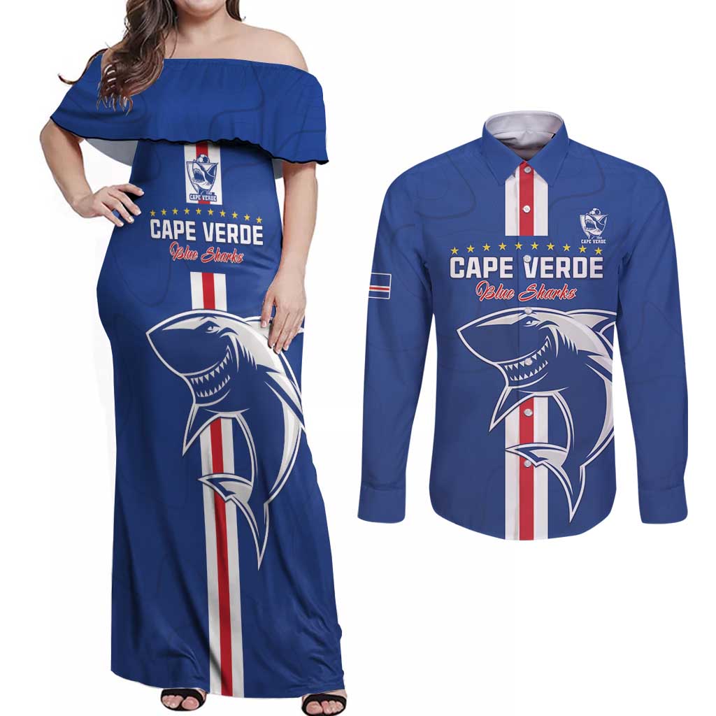 Custom Cape Verde Football Couples Matching Off Shoulder Maxi Dress and Long Sleeve Button Shirt Go Champions Blue Sharks - Wonder Print Shop