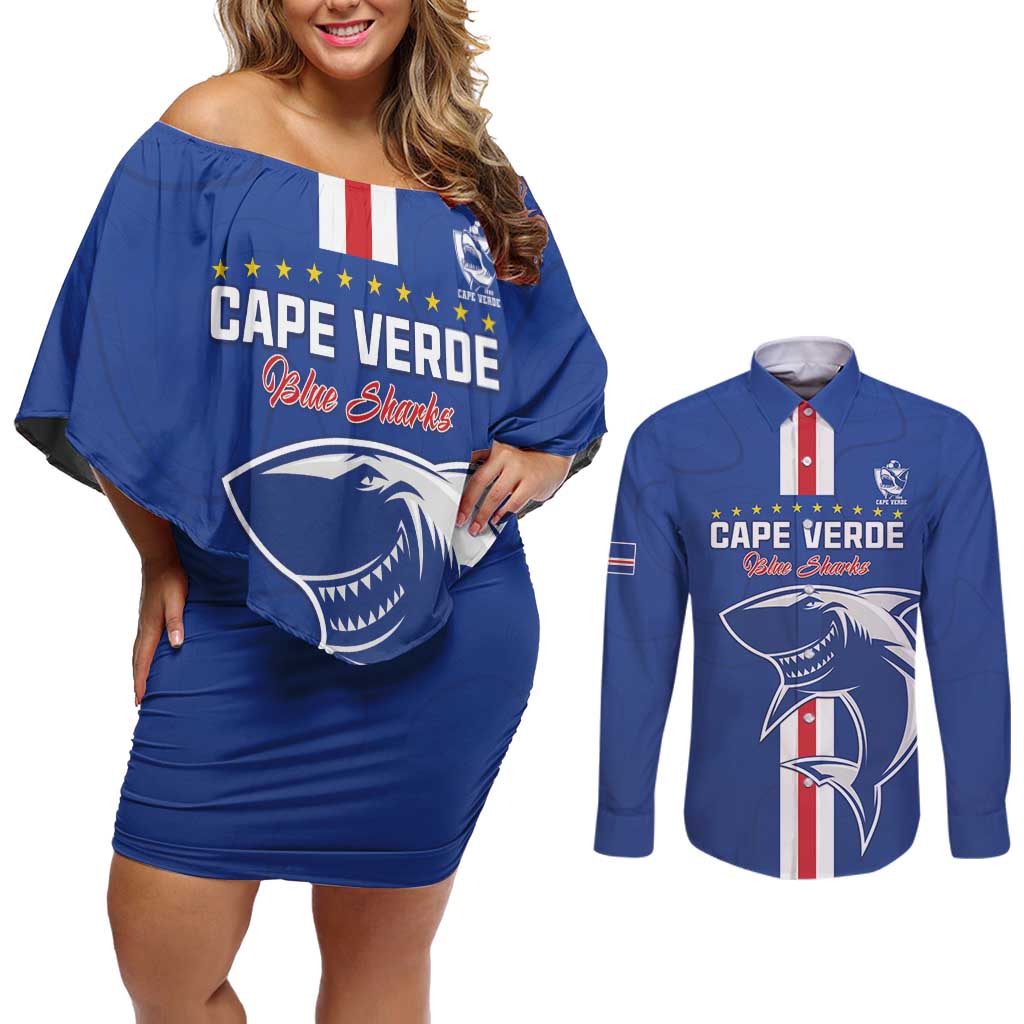 Custom Cape Verde Football Couples Matching Off Shoulder Short Dress and Long Sleeve Button Shirt Go Champions Blue Sharks - Wonder Print Shop