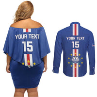 Custom Cape Verde Football Couples Matching Off Shoulder Short Dress and Long Sleeve Button Shirt Go Champions Blue Sharks - Wonder Print Shop