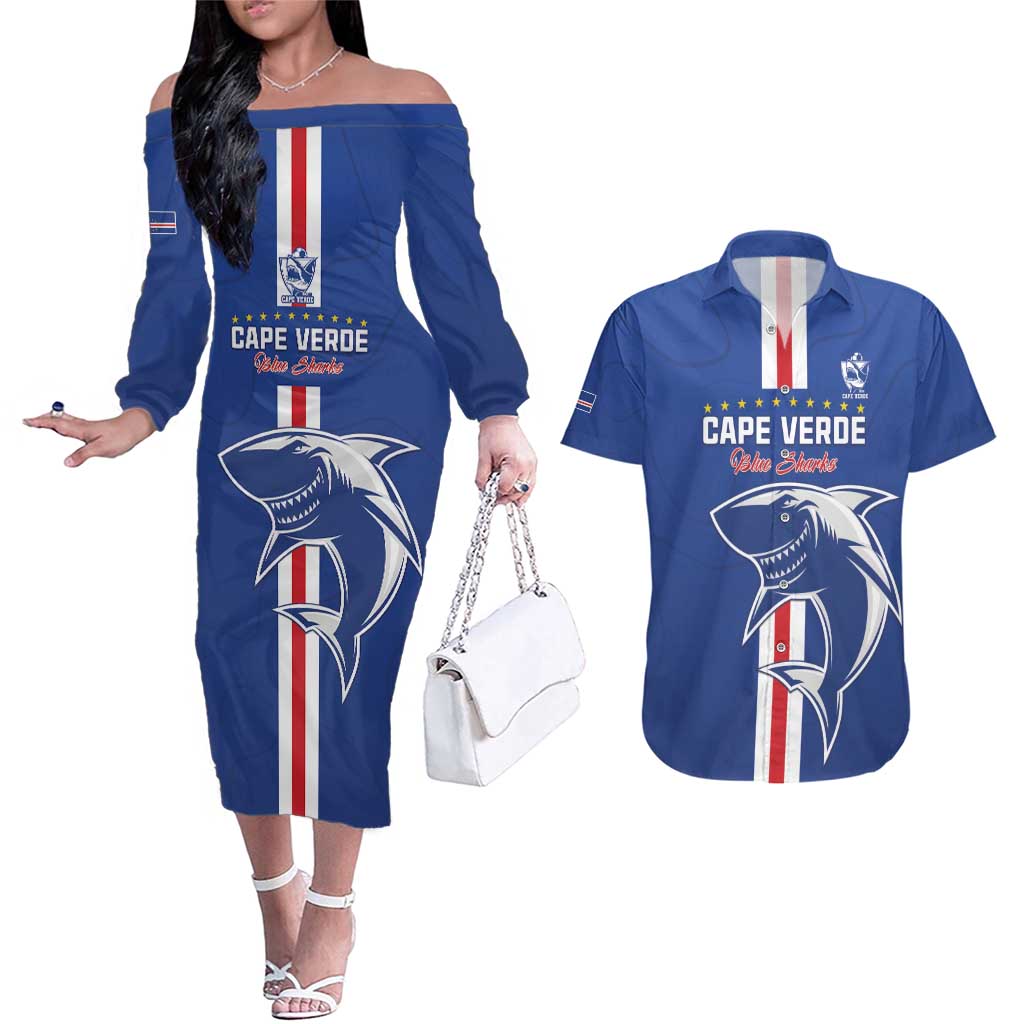 Custom Cape Verde Football Couples Matching Off The Shoulder Long Sleeve Dress and Hawaiian Shirt Go Champions Blue Sharks - Wonder Print Shop