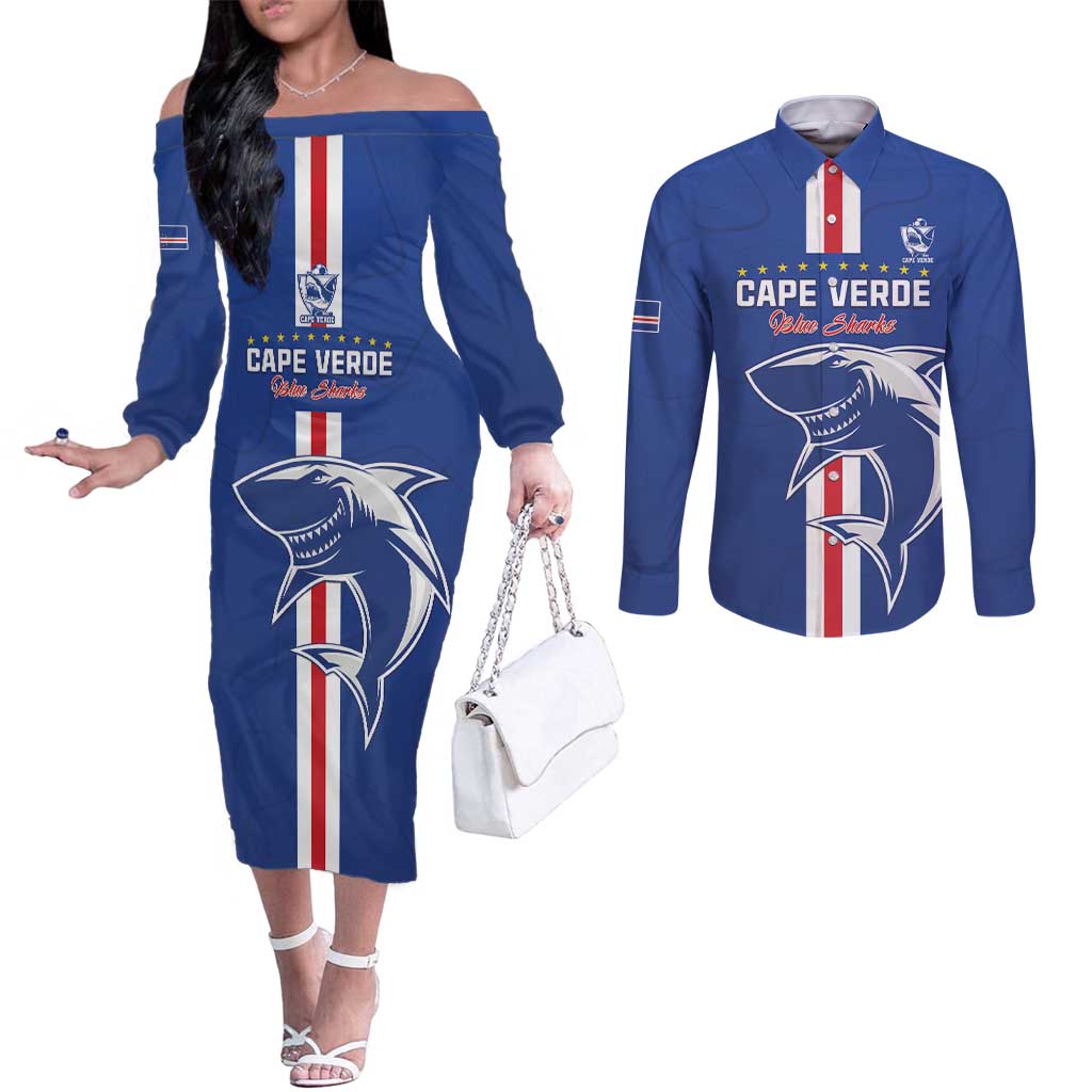 Custom Cape Verde Football Couples Matching Off The Shoulder Long Sleeve Dress and Long Sleeve Button Shirt Go Champions Blue Sharks - Wonder Print Shop