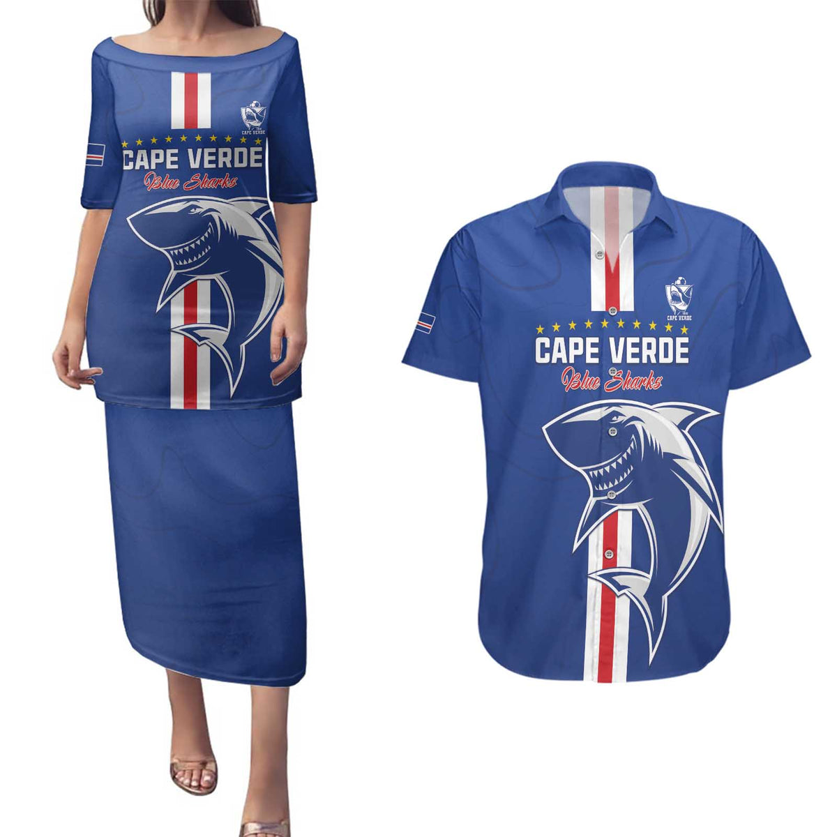 Custom Cape Verde Football Couples Matching Puletasi and Hawaiian Shirt Go Champions Blue Sharks - Wonder Print Shop