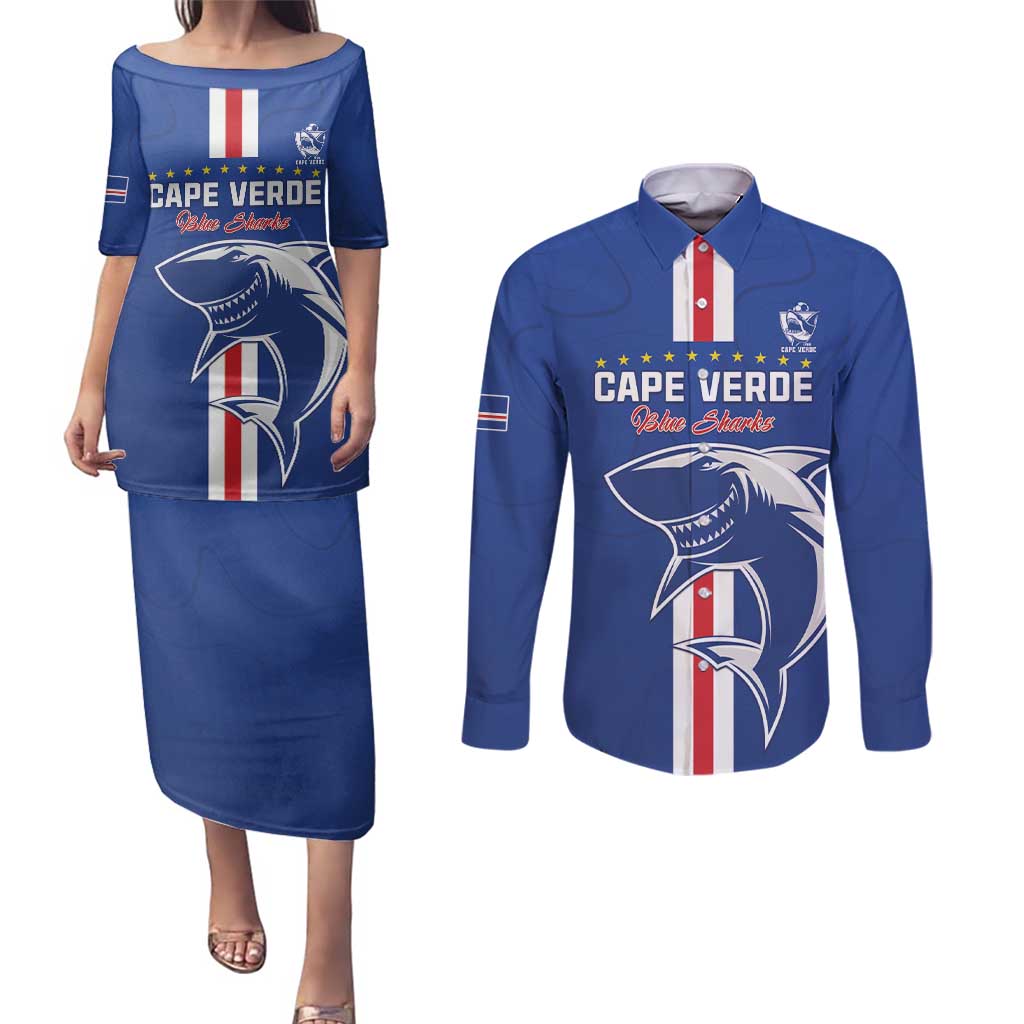 Custom Cape Verde Football Couples Matching Puletasi and Long Sleeve Button Shirt Go Champions Blue Sharks - Wonder Print Shop