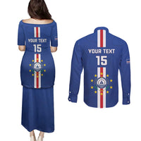 Custom Cape Verde Football Couples Matching Puletasi and Long Sleeve Button Shirt Go Champions Blue Sharks - Wonder Print Shop