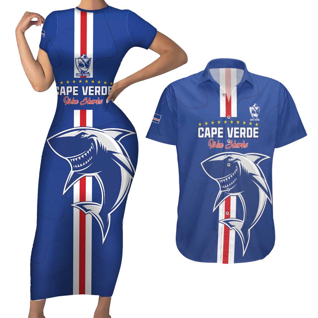 Custom Cape Verde Football Couples Matching Short Sleeve Bodycon Dress and Hawaiian Shirt Go Champions Blue Sharks - Wonder Print Shop