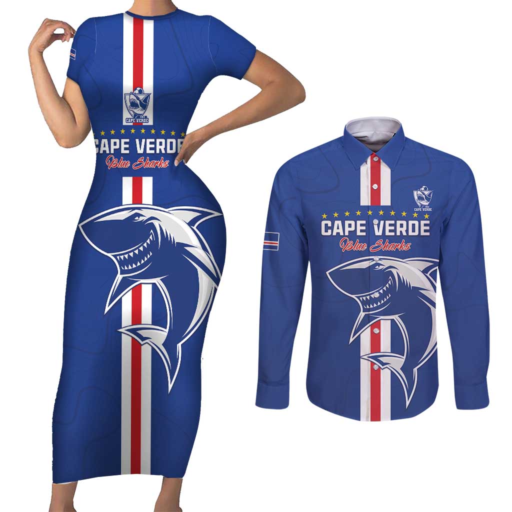 Custom Cape Verde Football Couples Matching Short Sleeve Bodycon Dress and Long Sleeve Button Shirt Go Champions Blue Sharks - Wonder Print Shop
