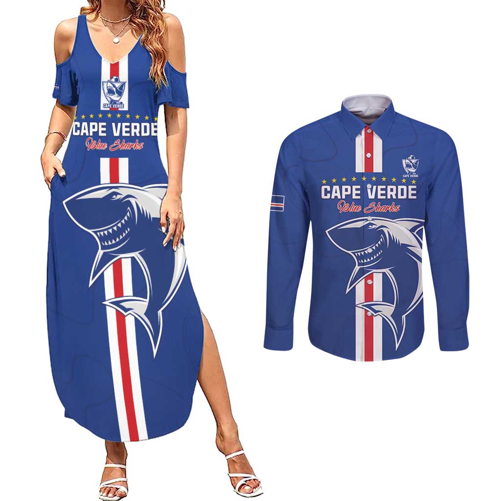 Custom Cape Verde Football Couples Matching Summer Maxi Dress and Long Sleeve Button Shirt Go Champions Blue Sharks - Wonder Print Shop
