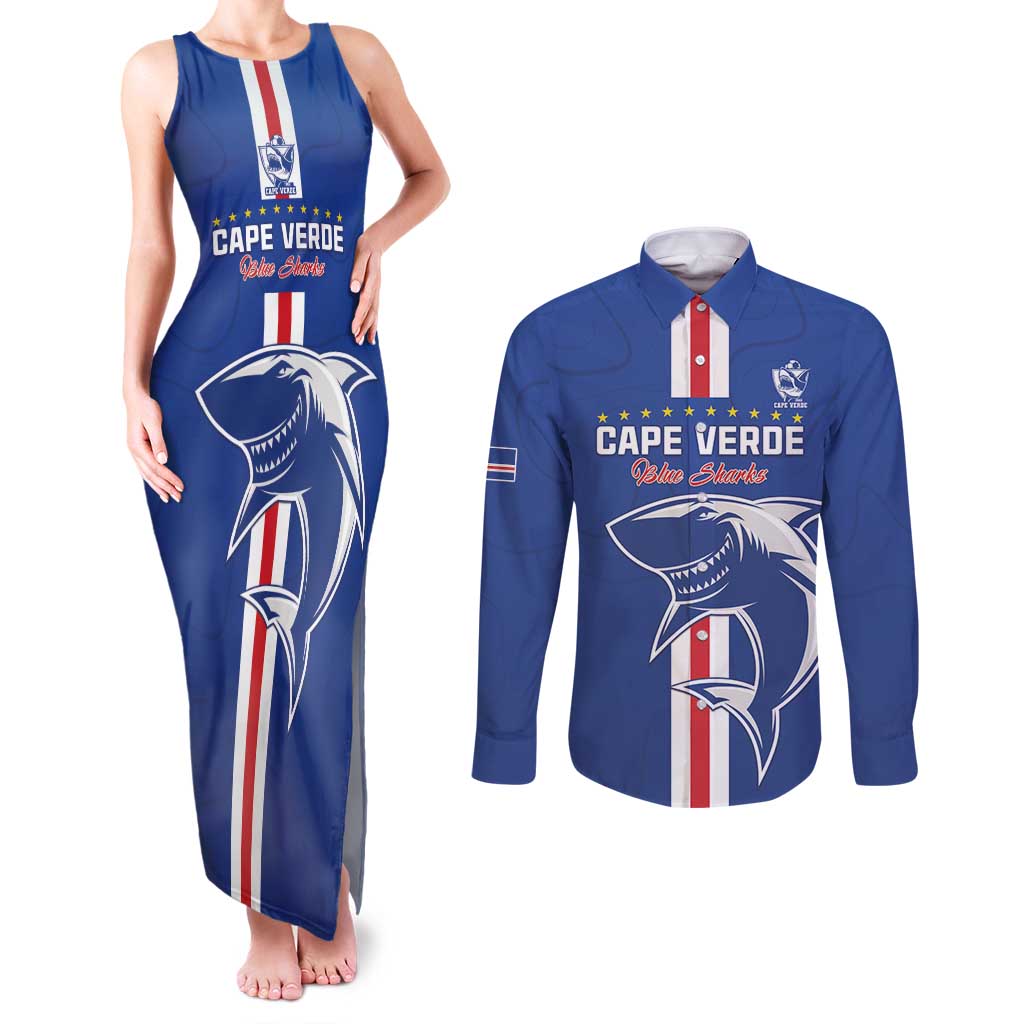 Custom Cape Verde Football Couples Matching Tank Maxi Dress and Long Sleeve Button Shirt Go Champions Blue Sharks - Wonder Print Shop