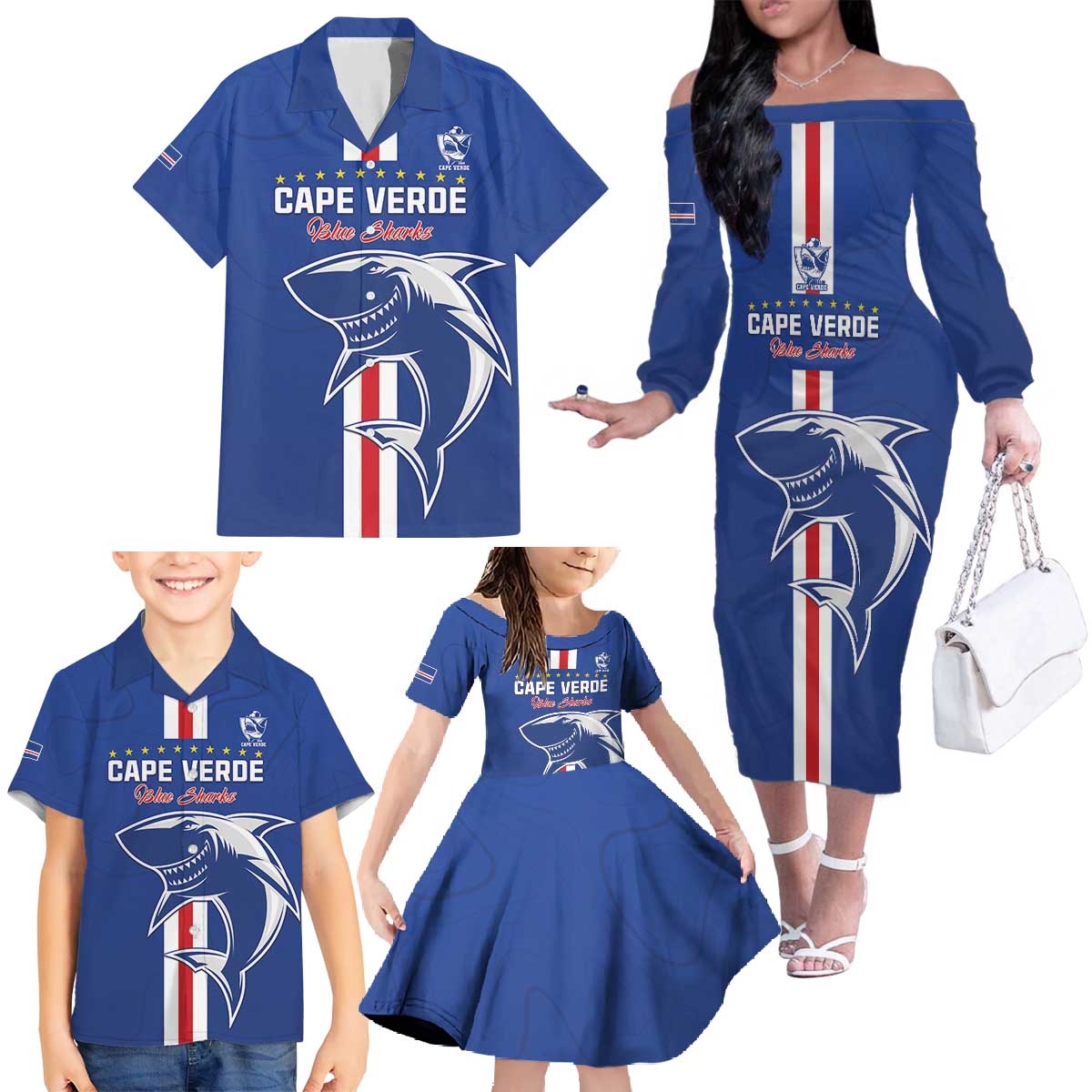 Custom Cape Verde Football Family Matching Off The Shoulder Long Sleeve Dress and Hawaiian Shirt Go Champions Blue Sharks - Wonder Print Shop