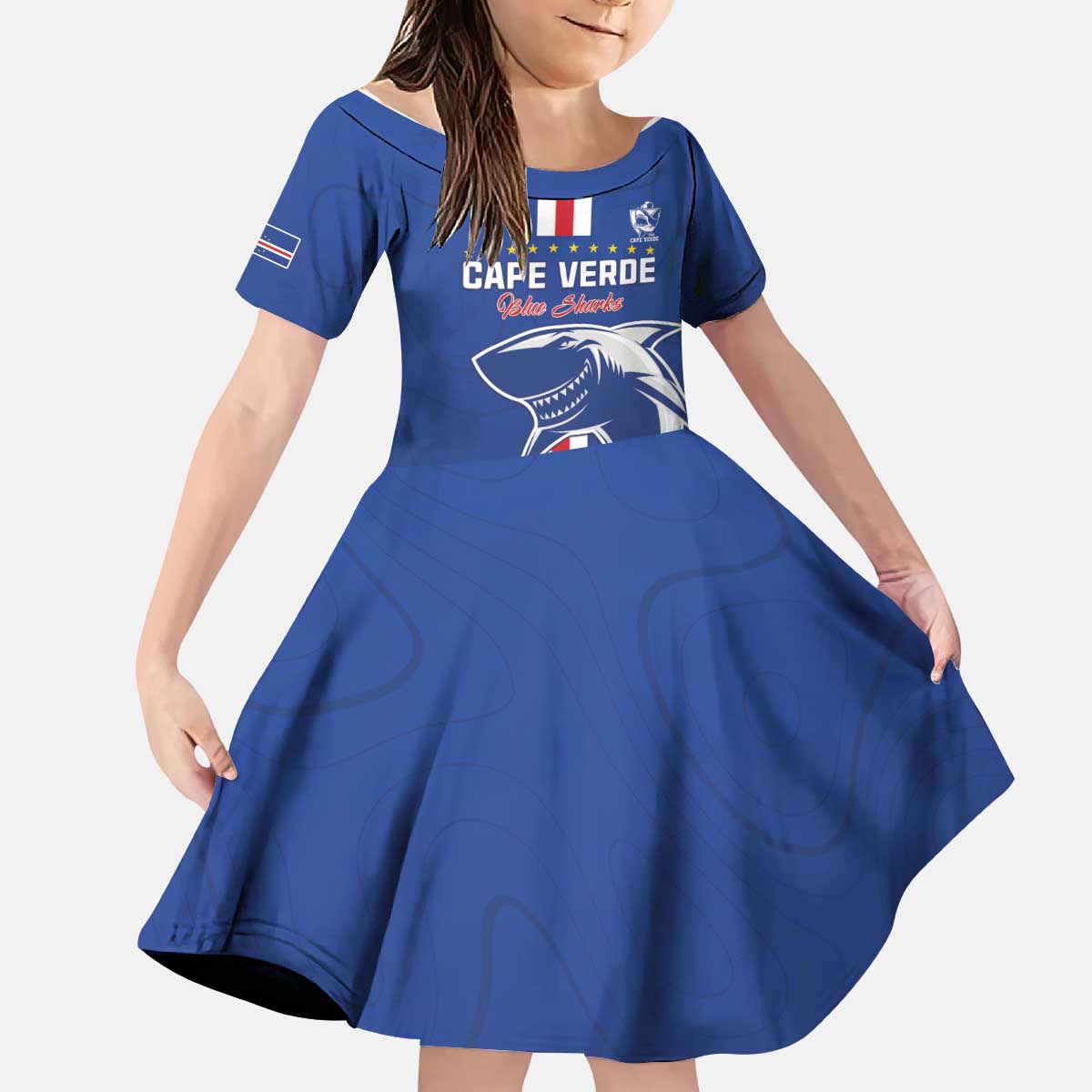 Custom Cape Verde Football Kid Short Sleeve Dress Go Champions Blue Sharks - Wonder Print Shop