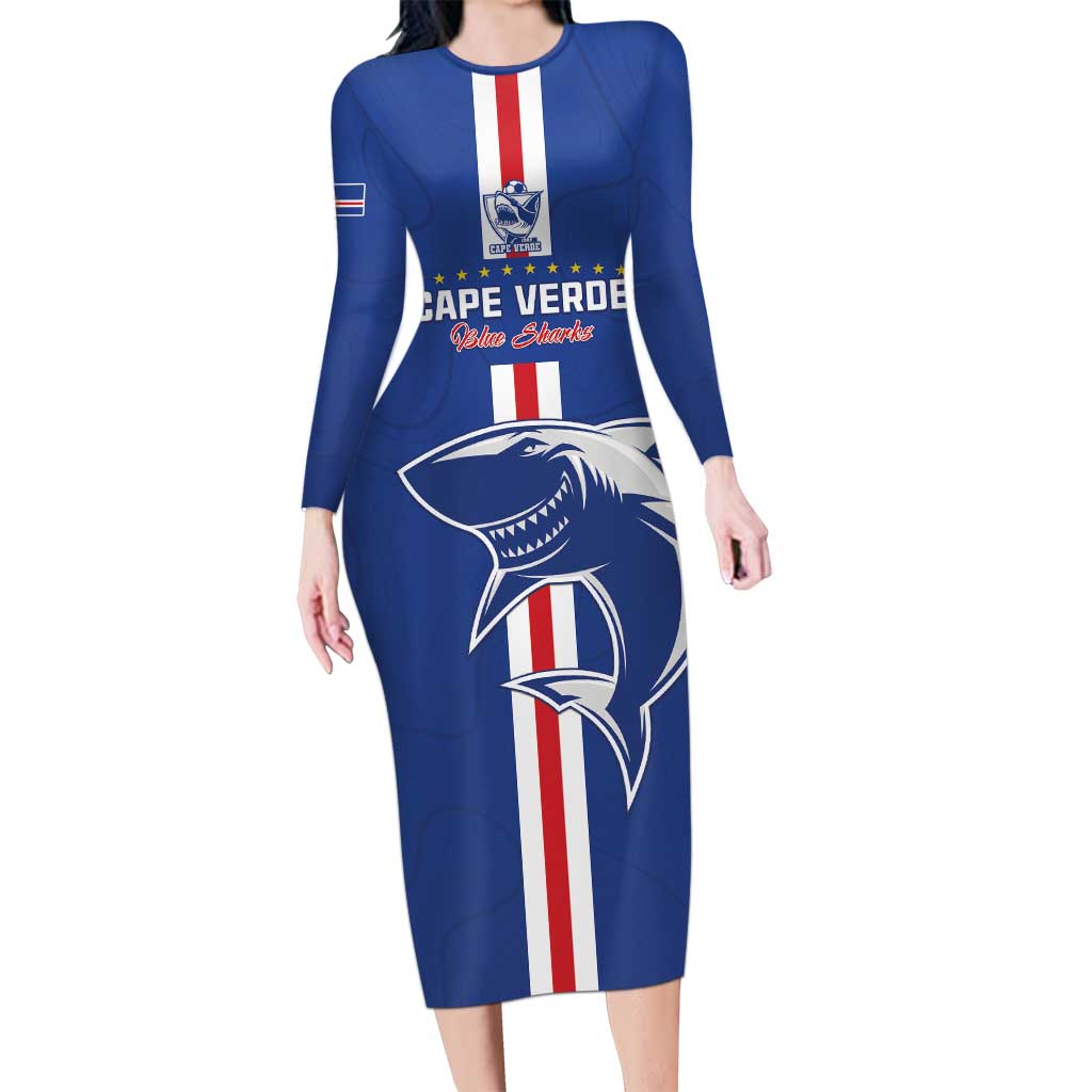Custom Cape Verde Football Long Sleeve Bodycon Dress Go Champions Blue Sharks - Wonder Print Shop