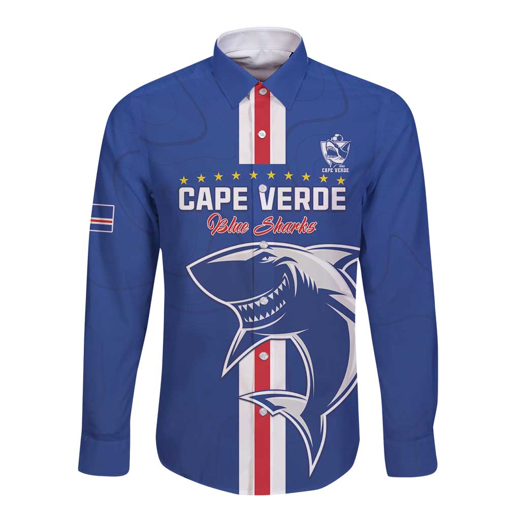 Custom Cape Verde Football Long Sleeve Button Shirt Go Champions Blue Sharks - Wonder Print Shop