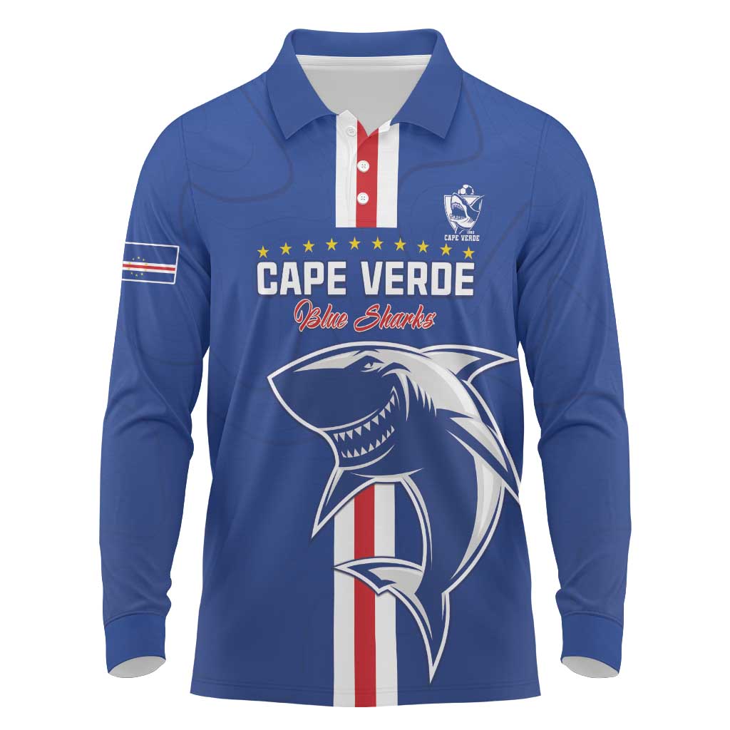 Custom Cape Verde Football Long Sleeve Polo Shirt Go Champions Blue Sharks - Wonder Print Shop