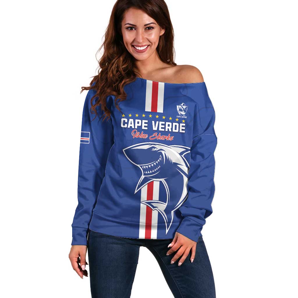 Custom Cape Verde Football Off Shoulder Sweater Go Champions Blue Sharks - Wonder Print Shop