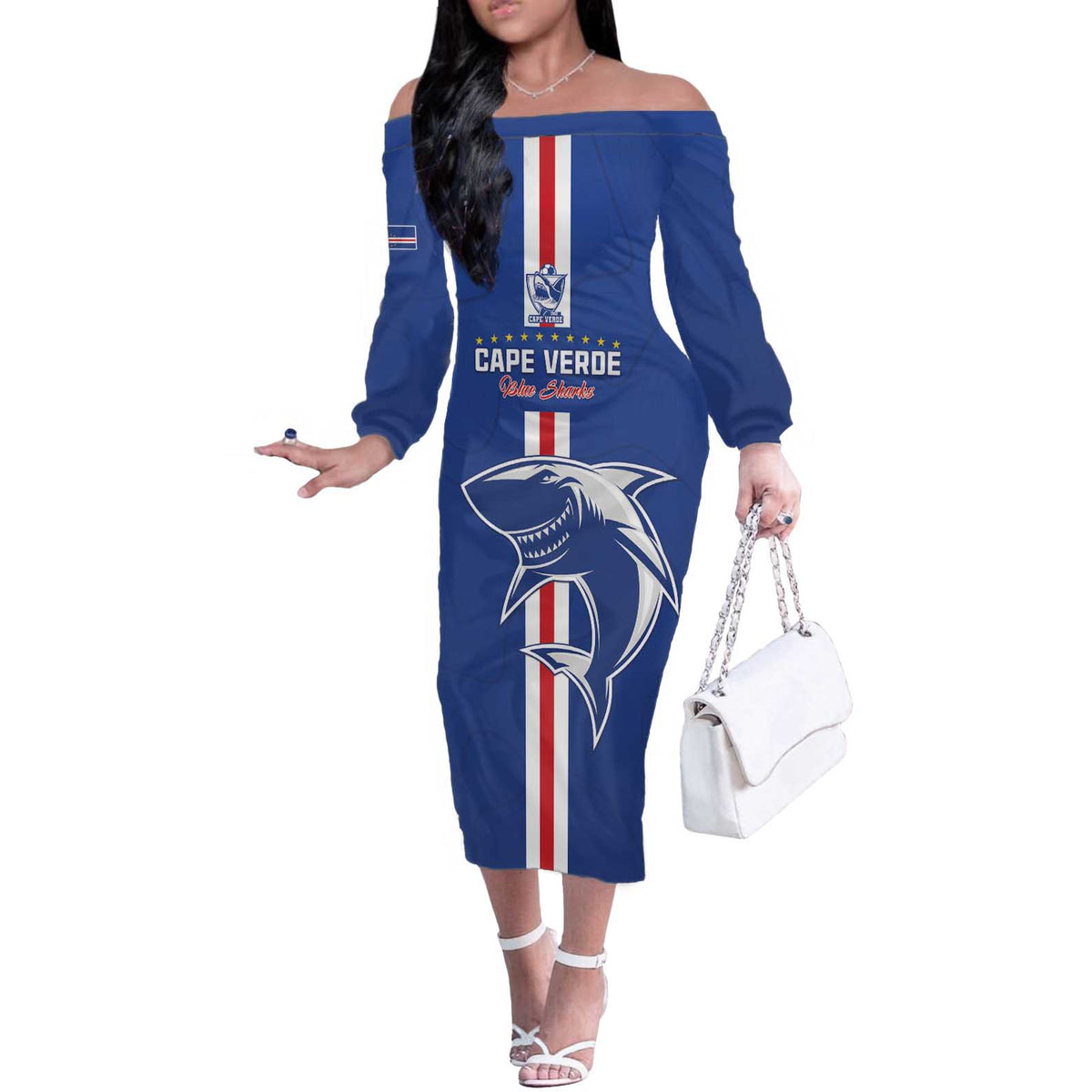 Custom Cape Verde Football Off The Shoulder Long Sleeve Dress Go Champions Blue Sharks - Wonder Print Shop