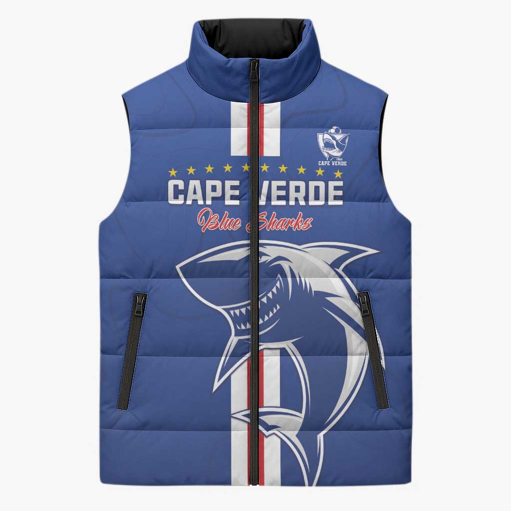 Custom Cape Verde Football Sleeveless Puffer Jacket Go Champions Blue Sharks - Wonder Print Shop