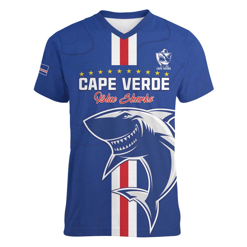 Custom Cape Verde Football Women V-Neck T-Shirt Go Champions Blue Sharks - Wonder Print Shop
