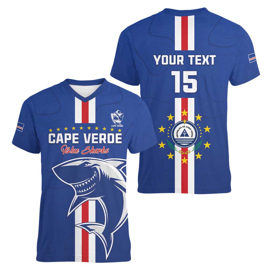 Custom Cape Verde Football Women V-Neck T-Shirt Go Champions Blue Sharks - Wonder Print Shop