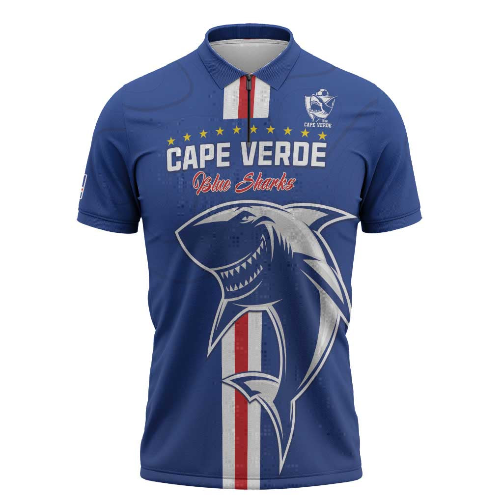 Custom Cape Verde Football Zipper Polo Shirt Go Champions Blue Sharks - Wonder Print Shop