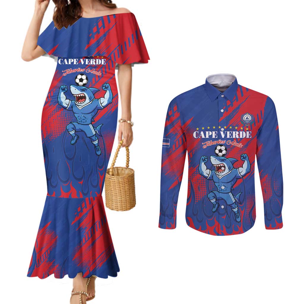 Custom Cape Verde Football Couples Matching Mermaid Dress and Long Sleeve Button Shirt One Team One Victory - Wonder Print Shop
