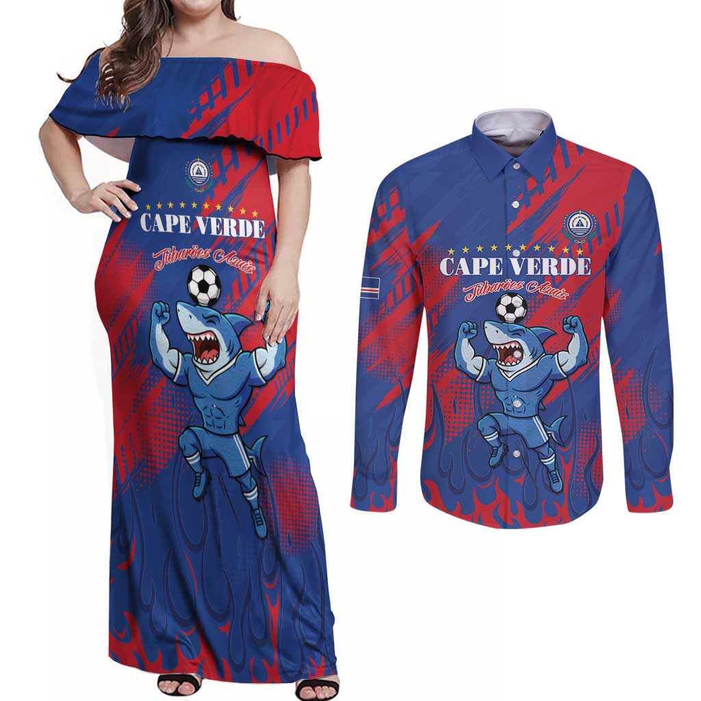 Custom Cape Verde Football Couples Matching Off Shoulder Maxi Dress and Long Sleeve Button Shirt One Team One Victory - Wonder Print Shop