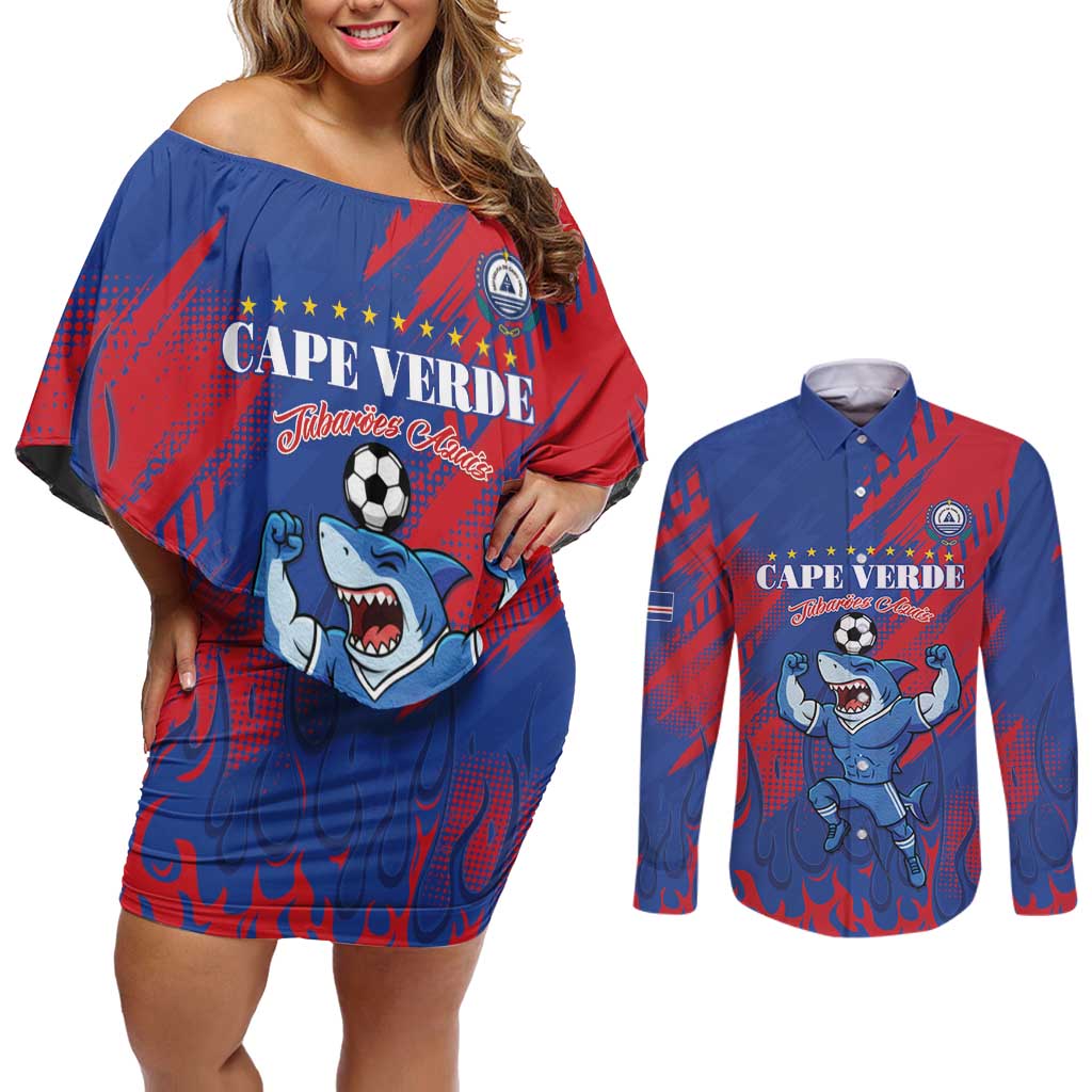 Custom Cape Verde Football Couples Matching Off Shoulder Short Dress and Long Sleeve Button Shirt One Team One Victory - Wonder Print Shop