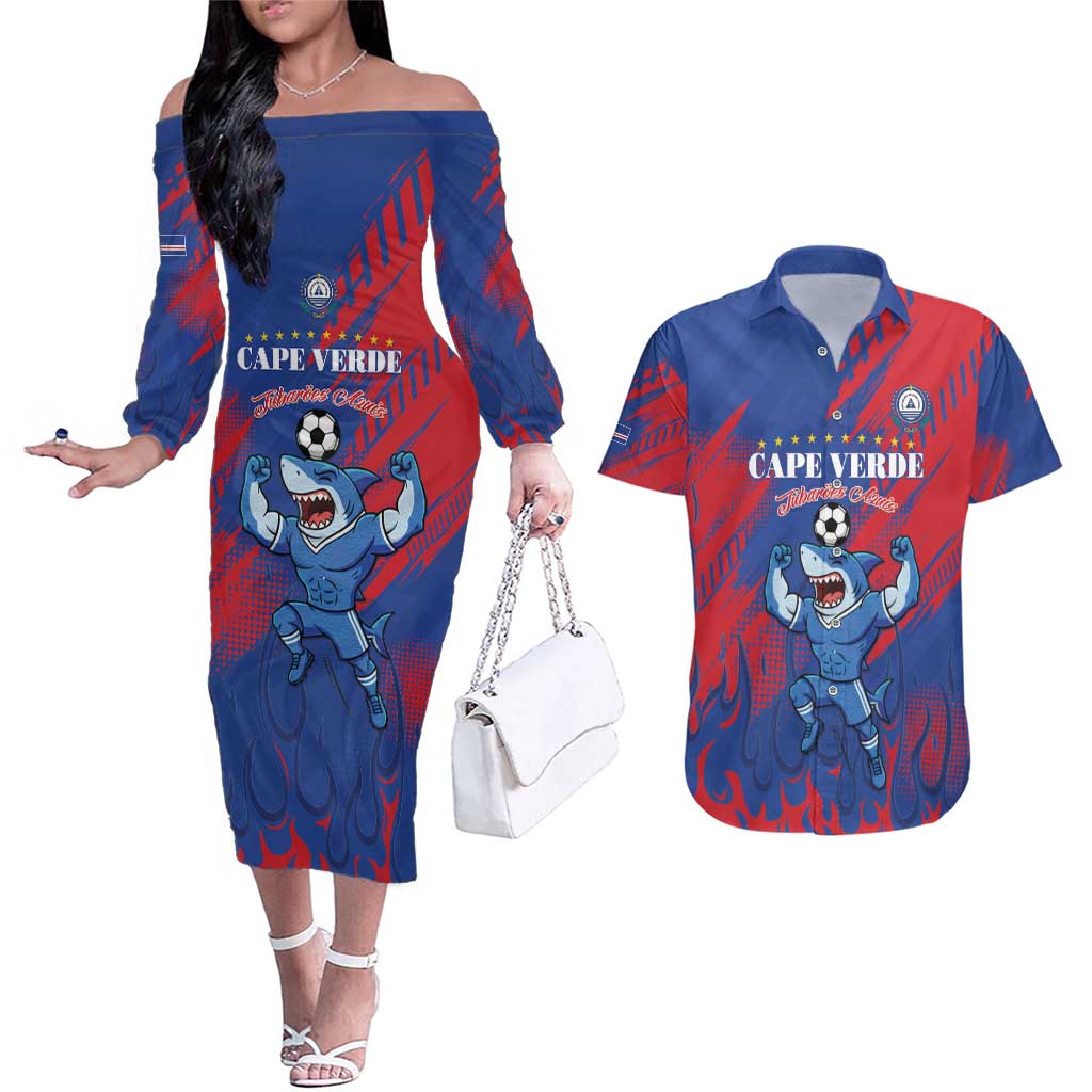 Custom Cape Verde Football Couples Matching Off The Shoulder Long Sleeve Dress and Hawaiian Shirt One Team One Victory - Wonder Print Shop