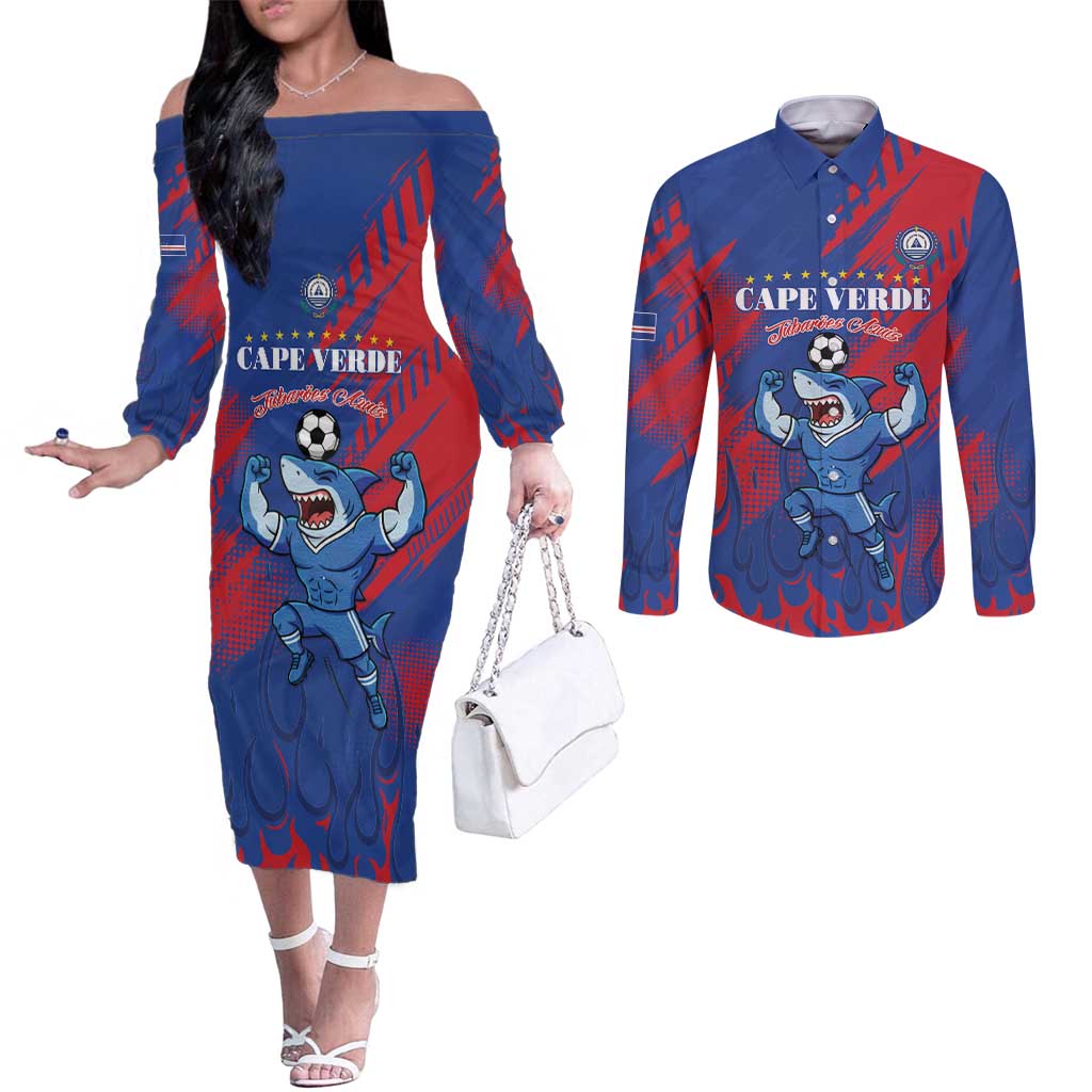 Custom Cape Verde Football Couples Matching Off The Shoulder Long Sleeve Dress and Long Sleeve Button Shirt One Team One Victory - Wonder Print Shop