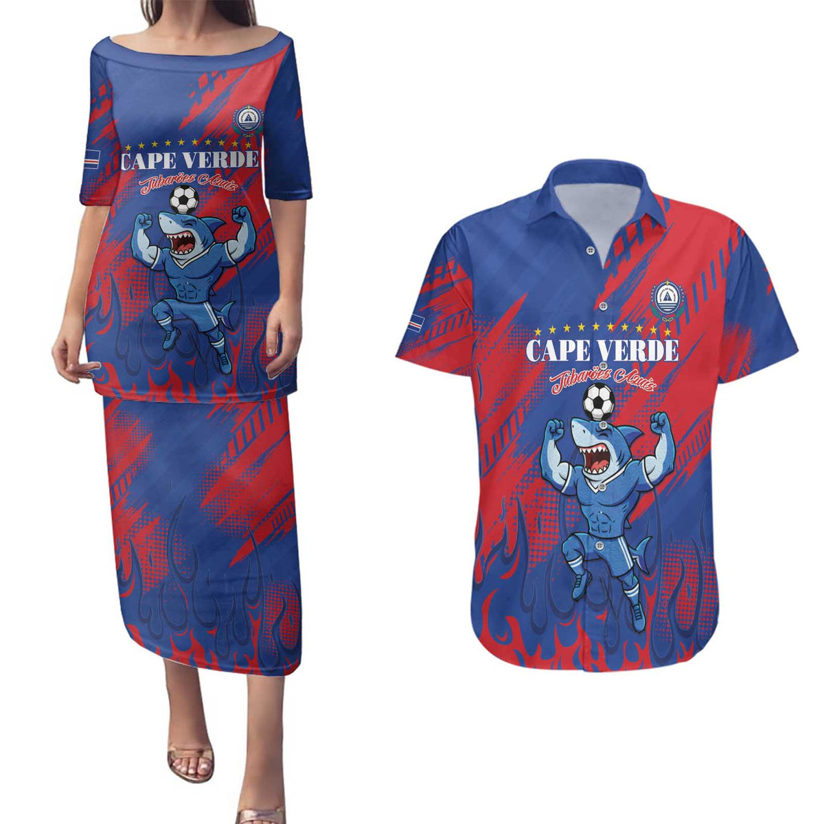 Custom Cape Verde Football Couples Matching Puletasi and Hawaiian Shirt One Team One Victory - Wonder Print Shop