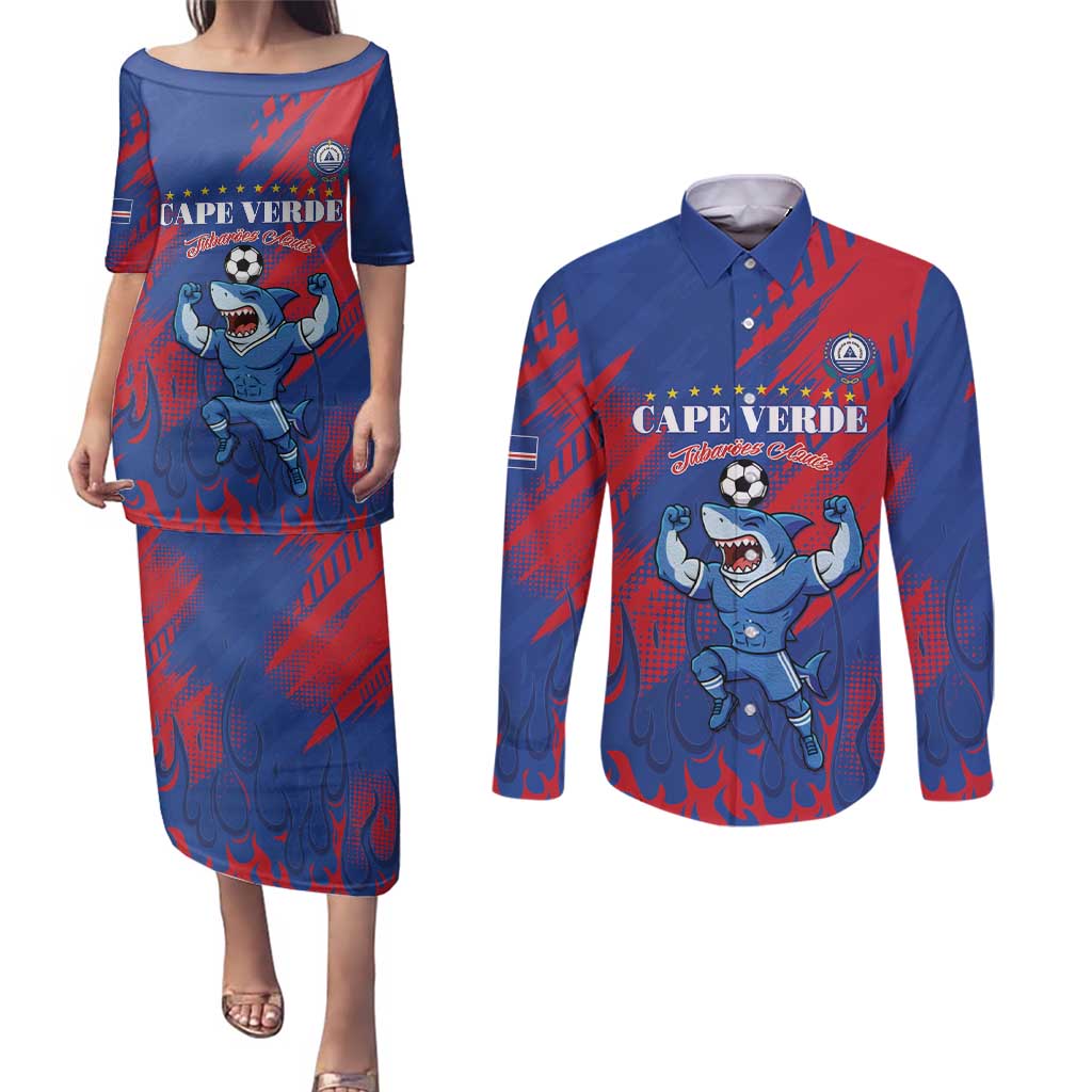 Custom Cape Verde Football Couples Matching Puletasi and Long Sleeve Button Shirt One Team One Victory - Wonder Print Shop