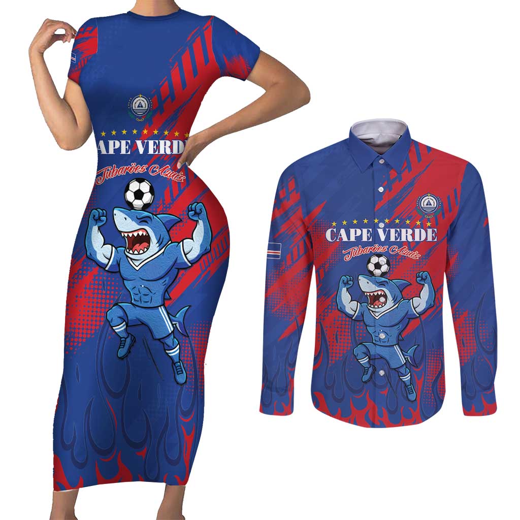 Custom Cape Verde Football Couples Matching Short Sleeve Bodycon Dress and Long Sleeve Button Shirt One Team One Victory - Wonder Print Shop