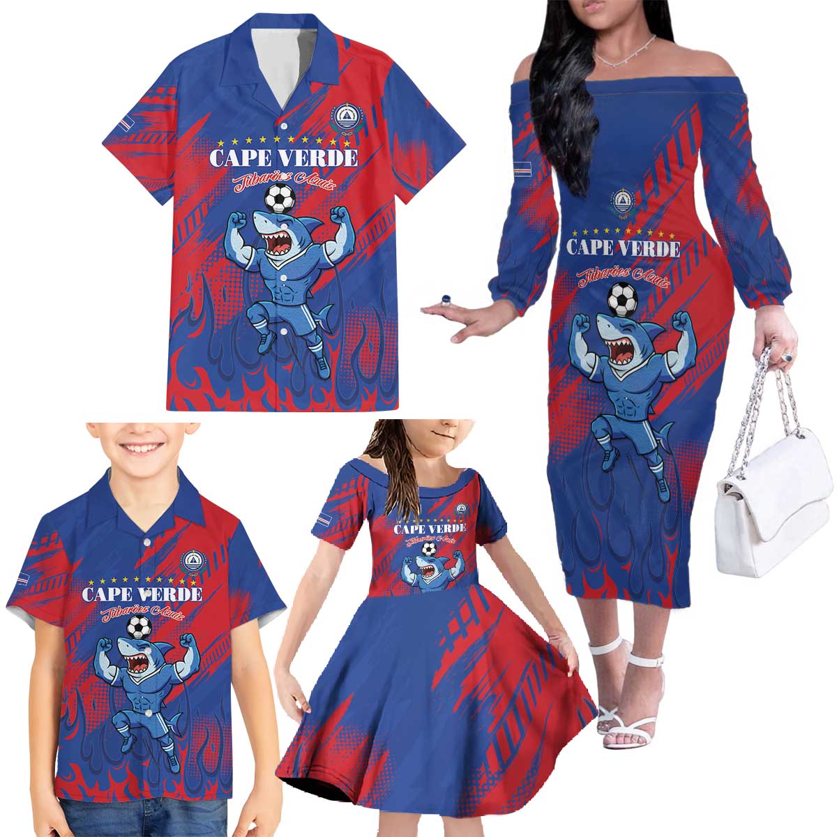 Custom Cape Verde Football Family Matching Off The Shoulder Long Sleeve Dress and Hawaiian Shirt One Team One Victory - Wonder Print Shop
