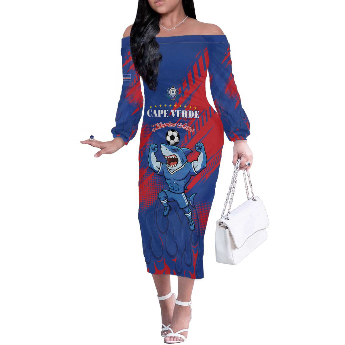 Custom Cape Verde Football Off The Shoulder Long Sleeve Dress One Team One Victory - Wonder Print Shop