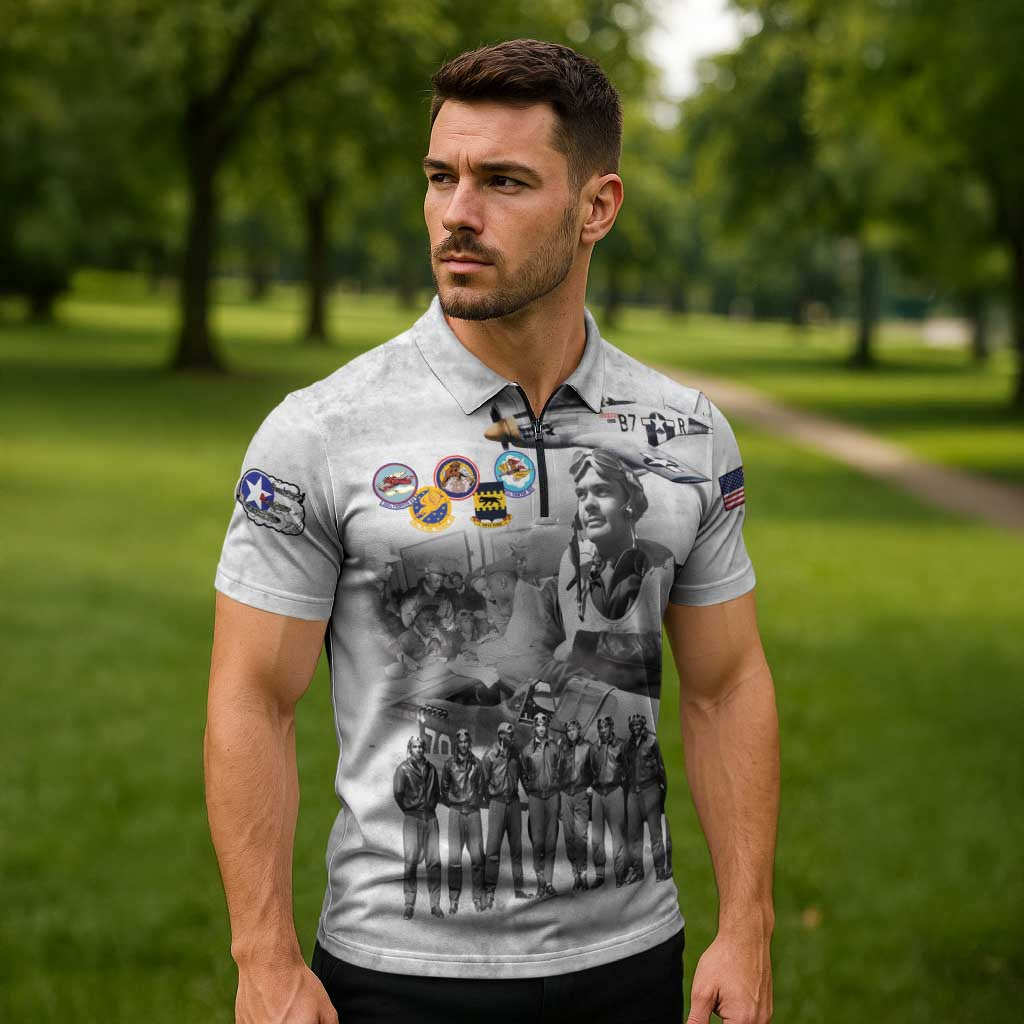 Red Tails Aviators Zipper Polo Shirt WWII Heroes Tribute Retro Style - Wonder Print Shop
