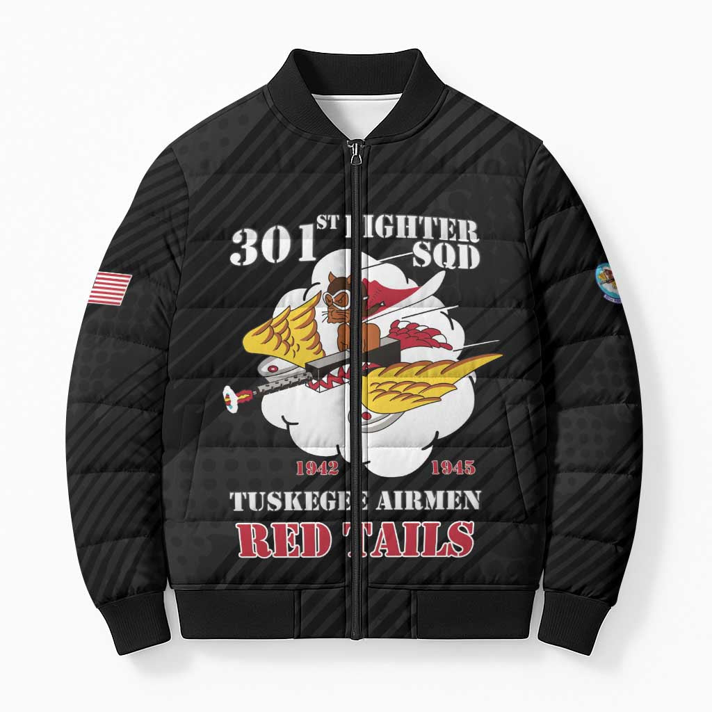 Personalized Tuskegee Airmen Red Tails Bomber Puffer Jacket 301st Fighter Squadron - Black - Wonder Print Shop