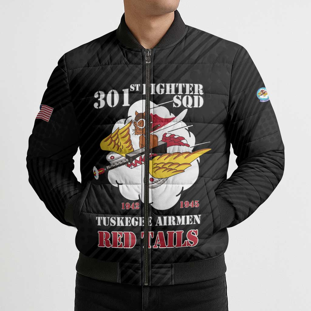 Personalized Tuskegee Airmen Red Tails Bomber Puffer Jacket 301st Fighter Squadron - Black - Wonder Print Shop