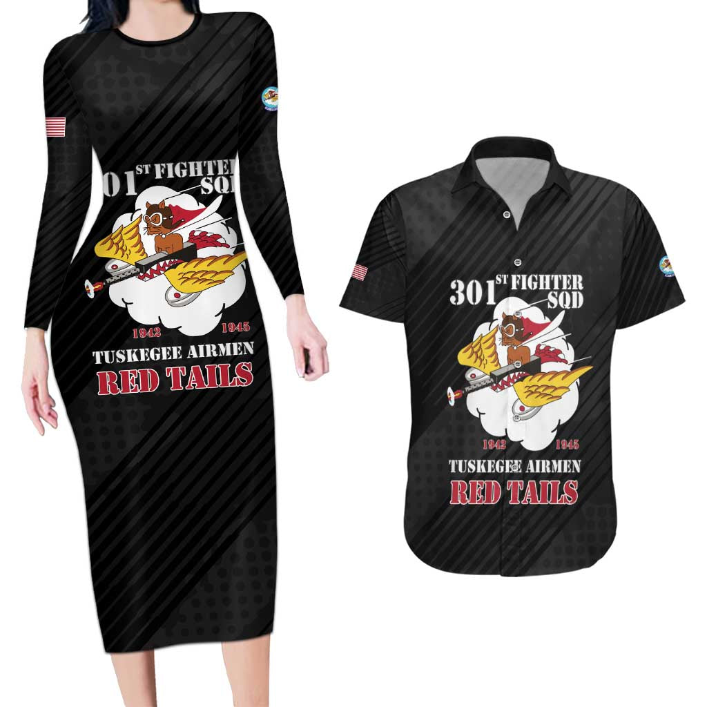 Personalized Tuskegee Airmen Red Tails Couples Matching Long Sleeve Bodycon Dress and Hawaiian Shirt 301st Fighter Squadron - Black - Wonder Print Shop
