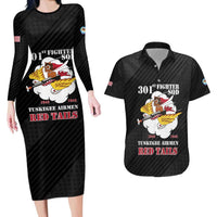 Personalized Tuskegee Airmen Red Tails Couples Matching Long Sleeve Bodycon Dress and Hawaiian Shirt 301st Fighter Squadron - Black - Wonder Print Shop