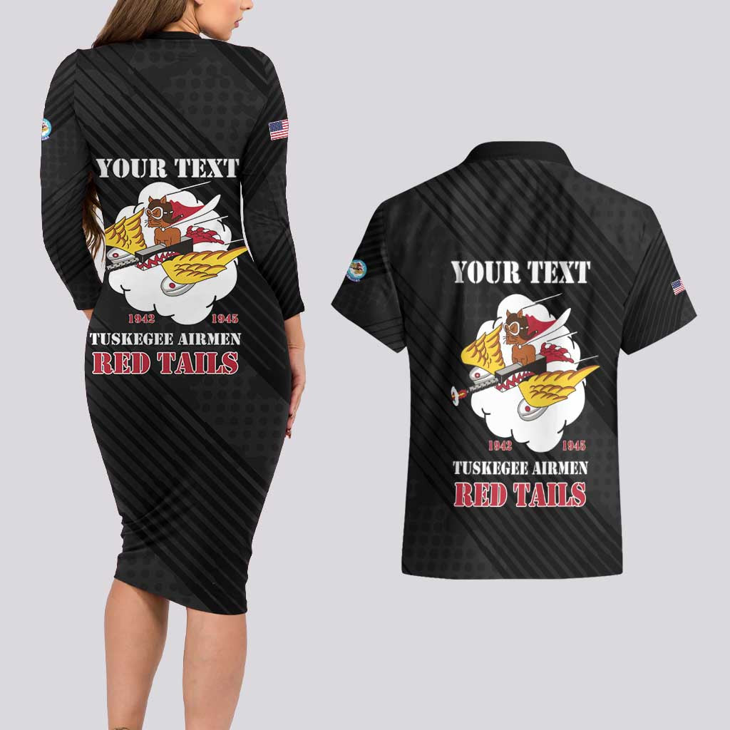 Personalized Tuskegee Airmen Red Tails Couples Matching Long Sleeve Bodycon Dress and Hawaiian Shirt 301st Fighter Squadron - Black - Wonder Print Shop